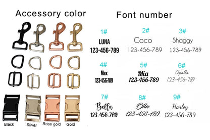 Color swatches and font number options for accessories on a white background