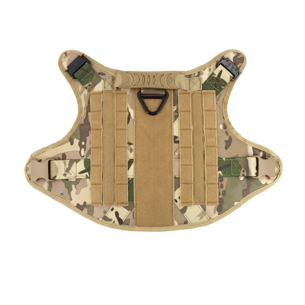 Camouflage tactical vest with multiple straps on a white background
