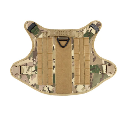 Camouflage tactical vest with multiple straps on a white background
