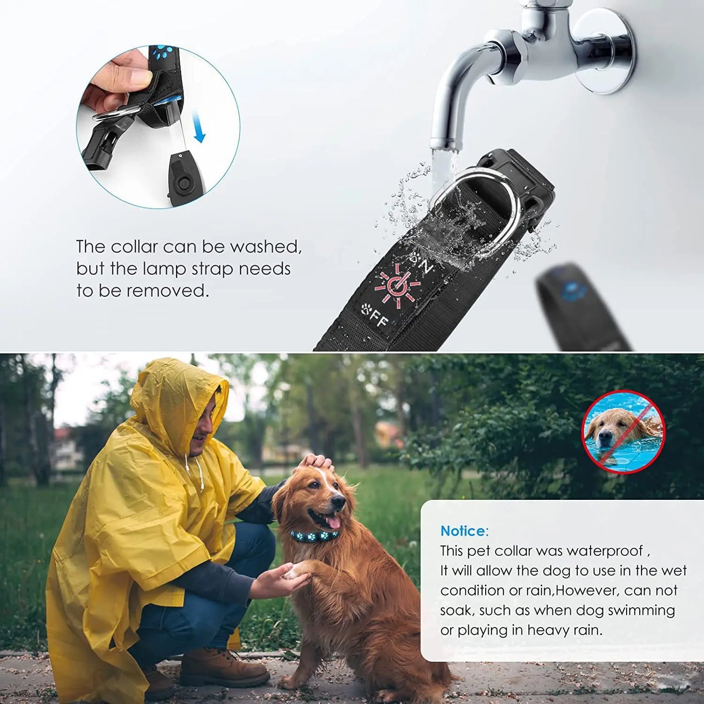 Pet collar with waterproof feature, washing instructions, and a person with a dog outdoors.