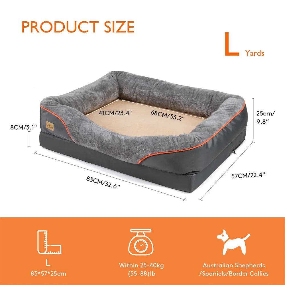 Measurement chart of a gray pet bed with dimensions and product size label.