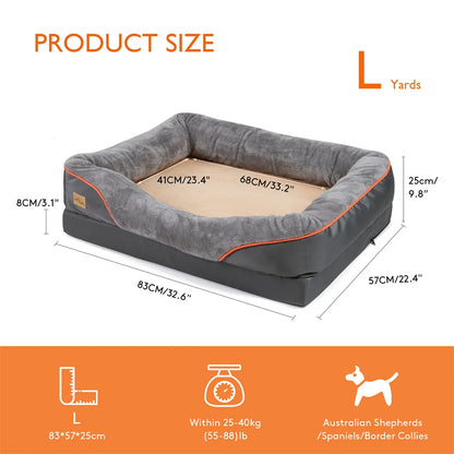 Measurement chart of a gray pet bed with dimensions and product size label.