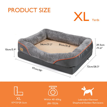 Measurement chart of a gray pet bed with dimensions and size information.