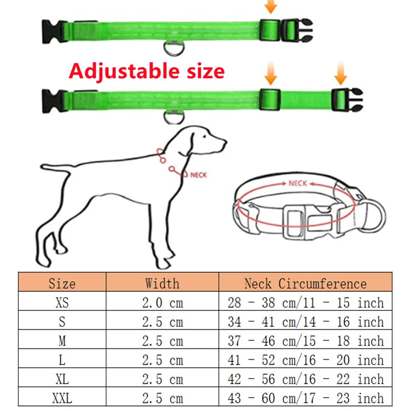 Green dog collar with adjustable size feature, diagram of a dog wearing the collar, and size chart.
