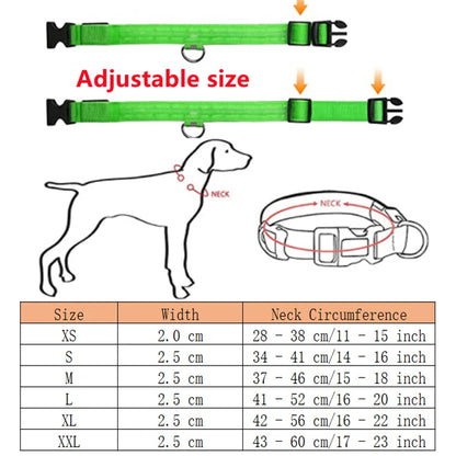 Green dog collar with adjustable size feature, diagram of a dog wearing the collar, and size chart.