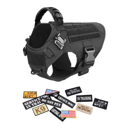 Black tactical dog harness with patches on a white background