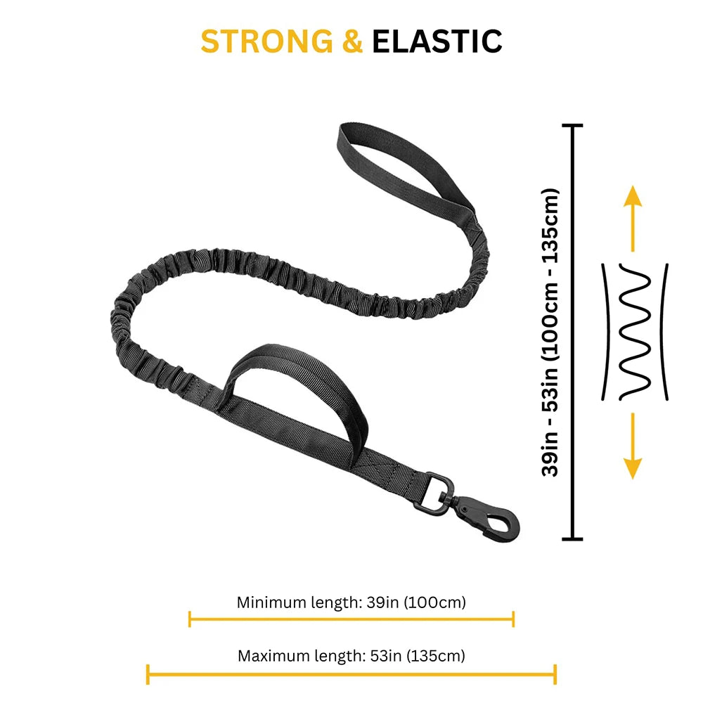 Black dog leash with measurement details on a white background