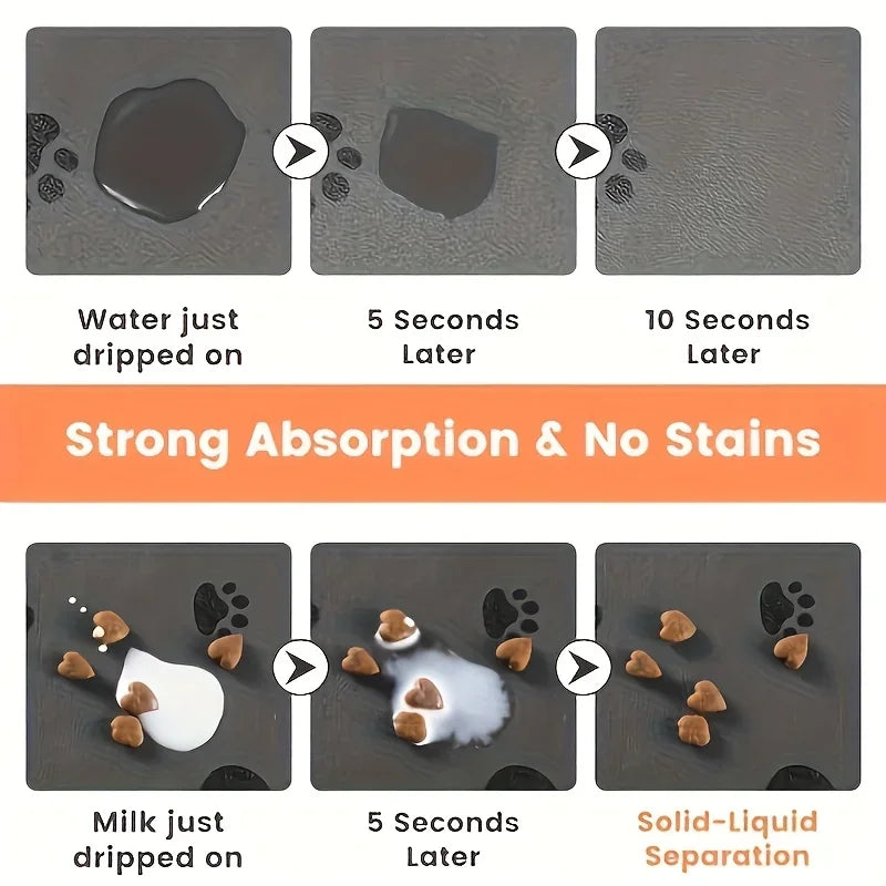 Demonstration of a mat absorbing water and milk with text indicating strong absorption and no stains.