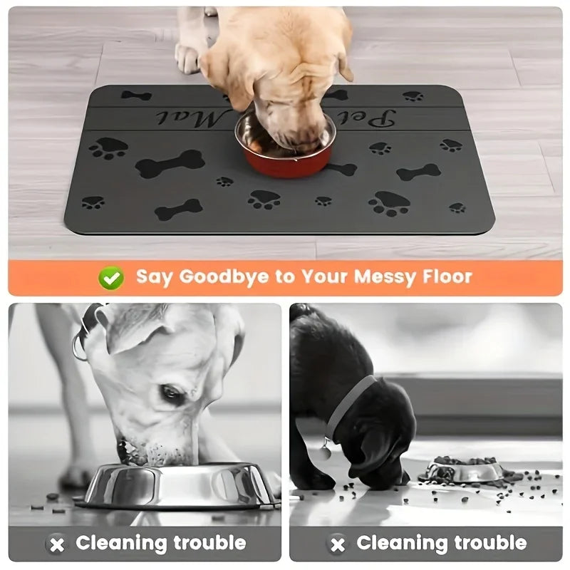 Dog eating from a bowl on a black mat with paw prints, featuring text 'Say Goodbye to Your Messy Floor'.