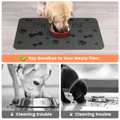 Dog eating from a bowl on a black mat with paw prints, featuring text 'Say Goodbye to Your Messy Floor'.