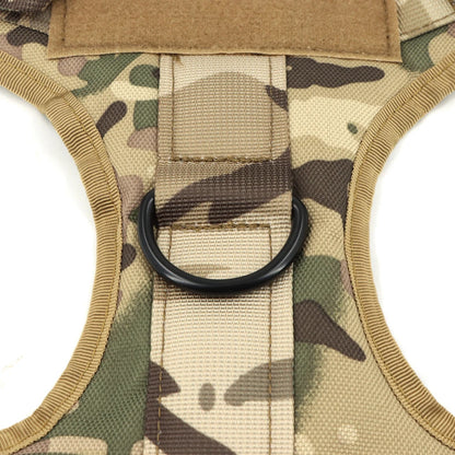 Camouflage dog harness with a D-ring on a white background