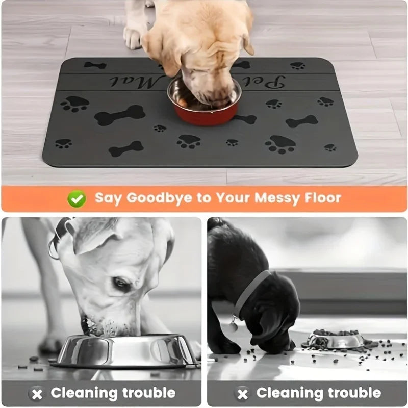 Dog eating from a bowl on a black mat with paw prints, featuring text 'Say Goodbye to Your Messy Floor' and images of dogs with bowls.
