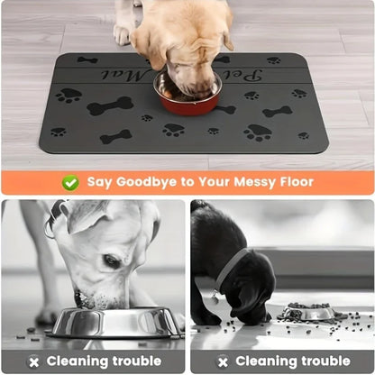 Dog eating from a bowl on a black mat with paw prints, featuring text 'Say Goodbye to Your Messy Floor' and images of dogs with bowls.