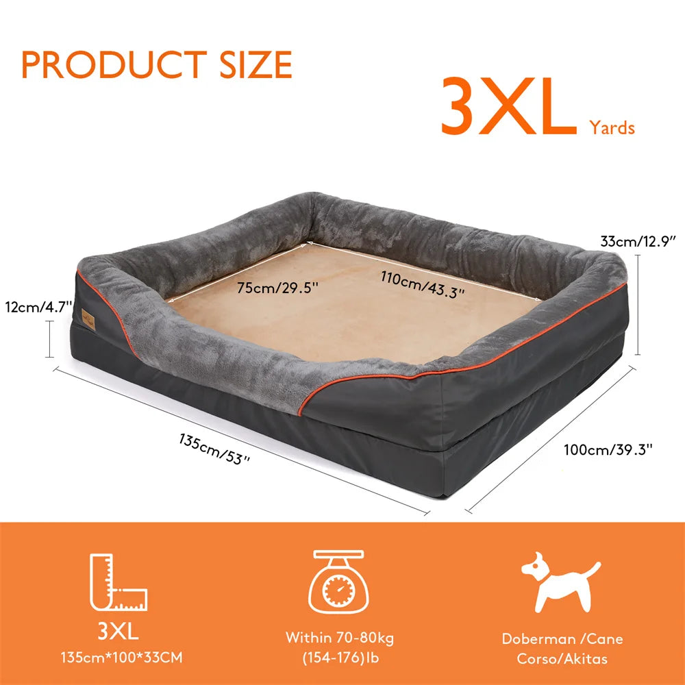 Measurement chart of a large pet bed with dimensions and product size label.