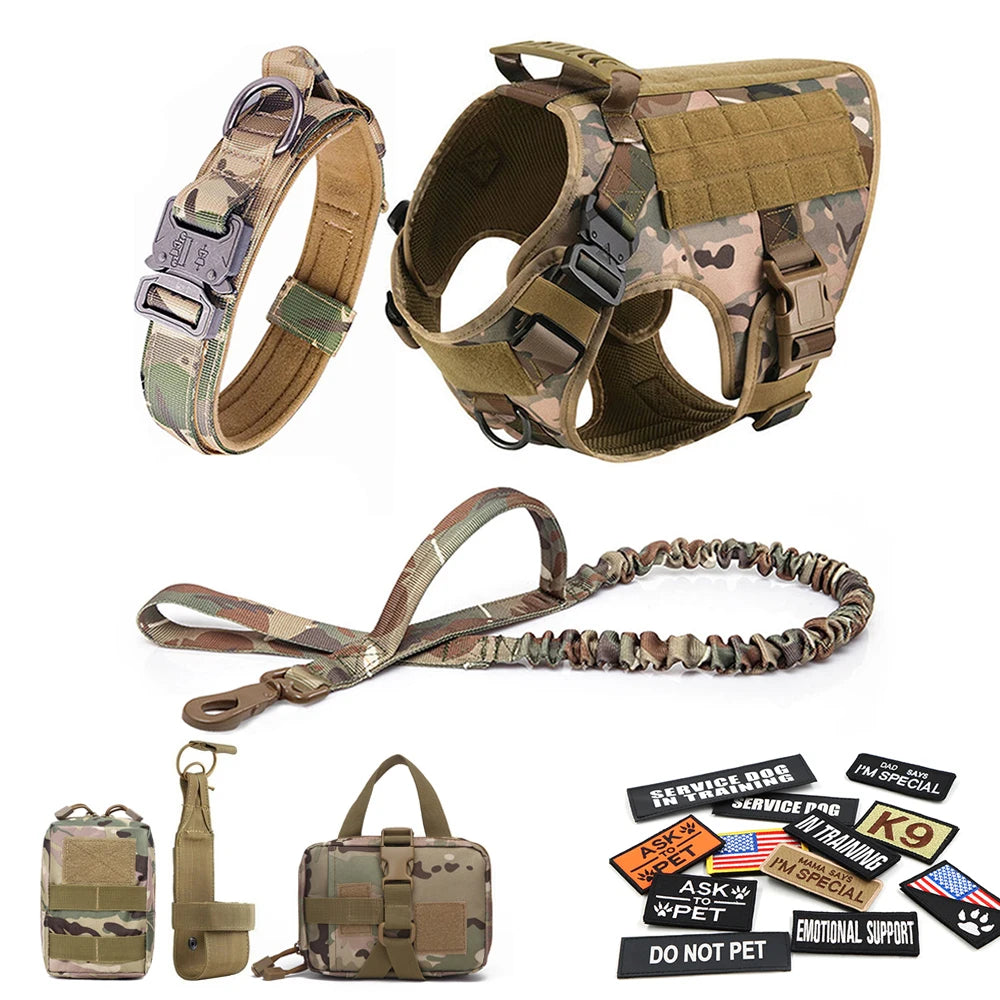 Camouflage dog harness, collar, leash, and accessories on a white background