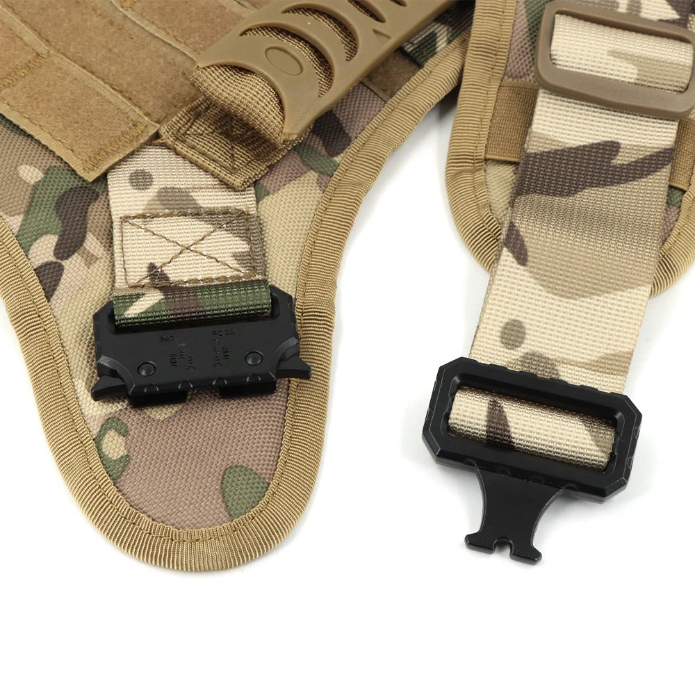 Camouflage tactical belt with buckle on a white background