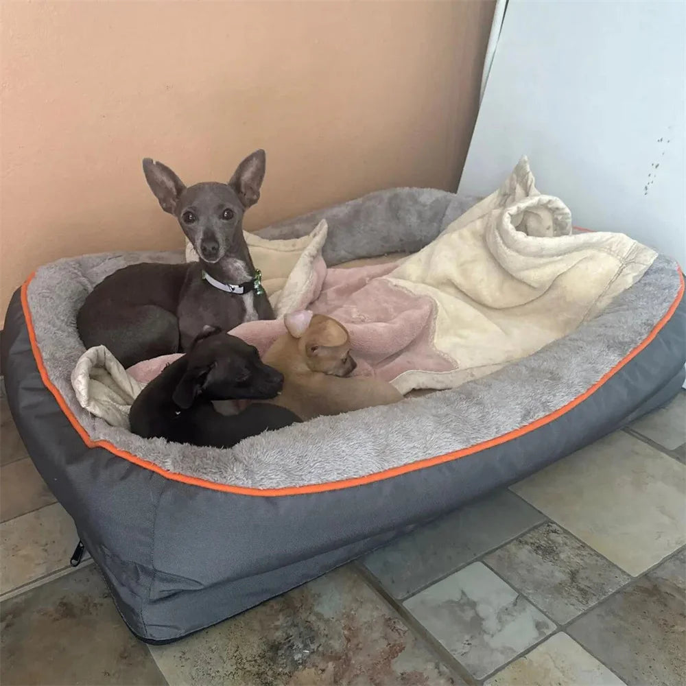 Three small dogs resting on a large gray pet bed with a pink blanket.