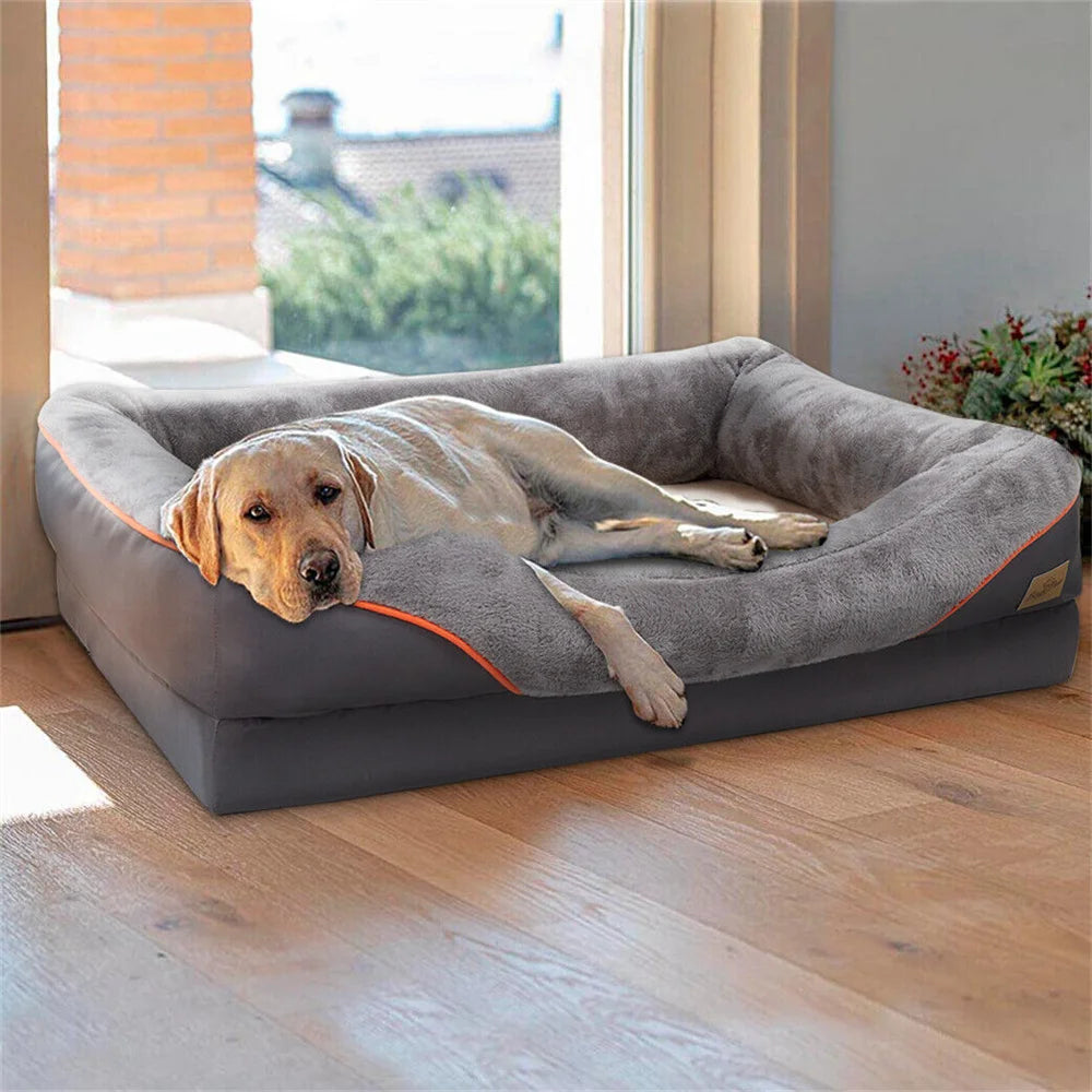 Dog lying on a gray pet bed in a room with wooden flooring and large windows.
