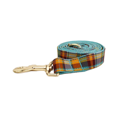 Plaid dog leash with gold clip on a white background