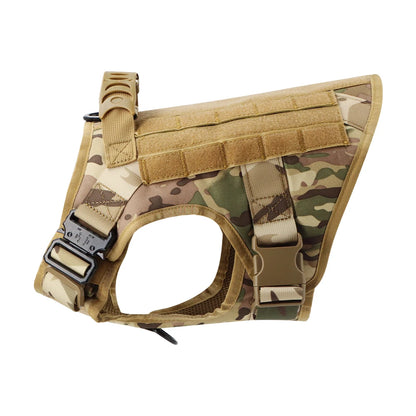 Camouflage dog harness with tactical design on a white background