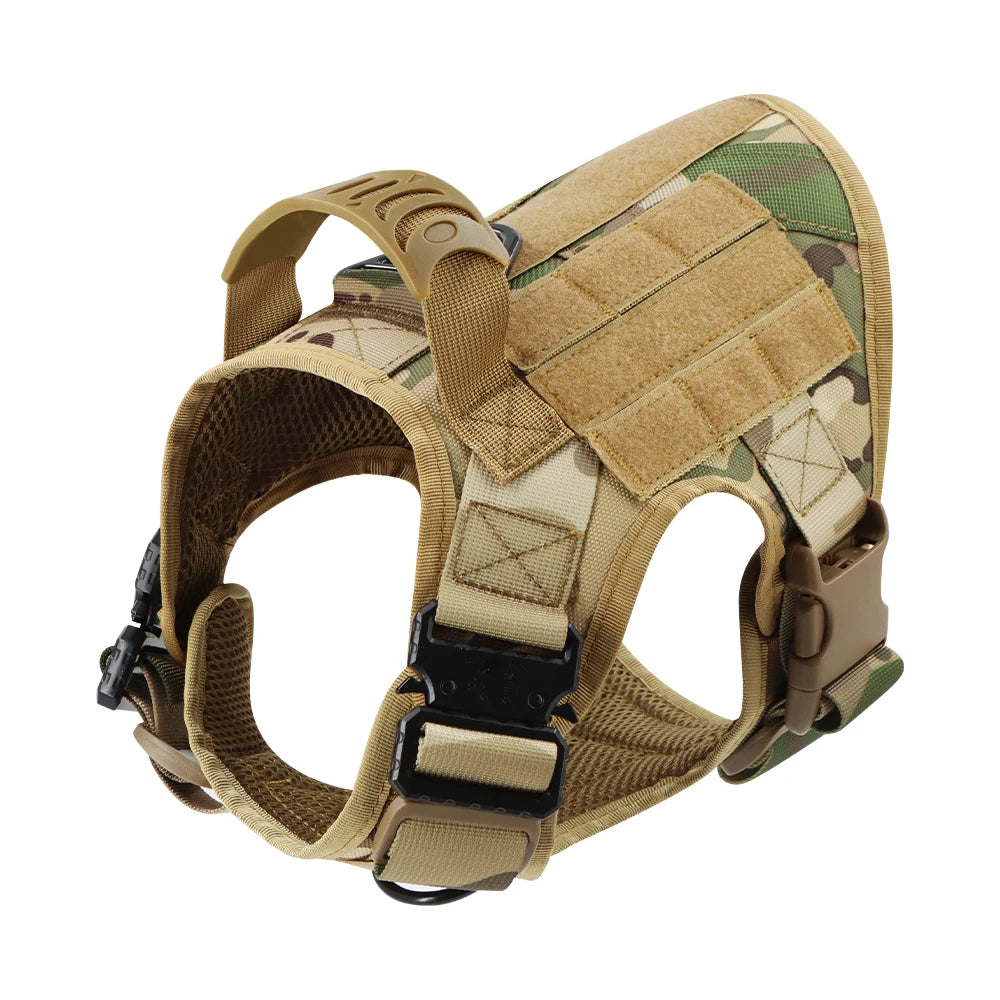Camouflage dog harness with tactical design on a white background