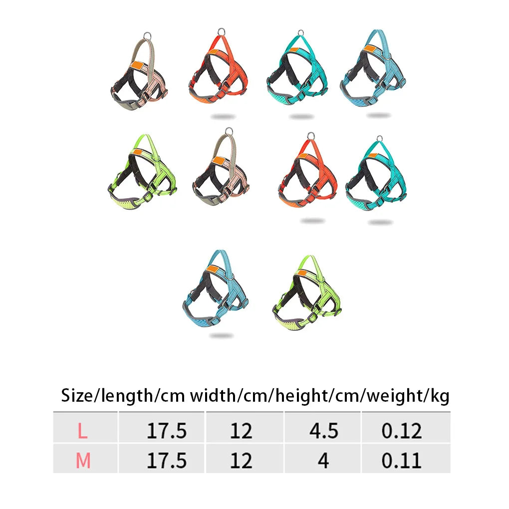 Set of colorful dog harnesses with size chart on a white background