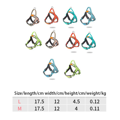 Set of colorful dog harnesses with size chart on a white background