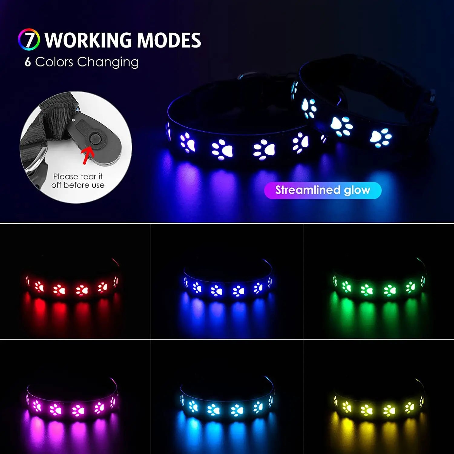 LED dog collar with various color-changing modes on a dark background