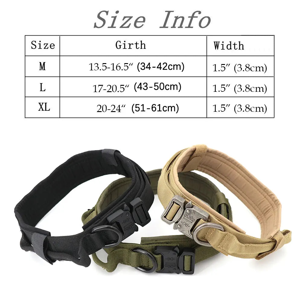 Dog collars in black, green, and beige with size chart on a white background