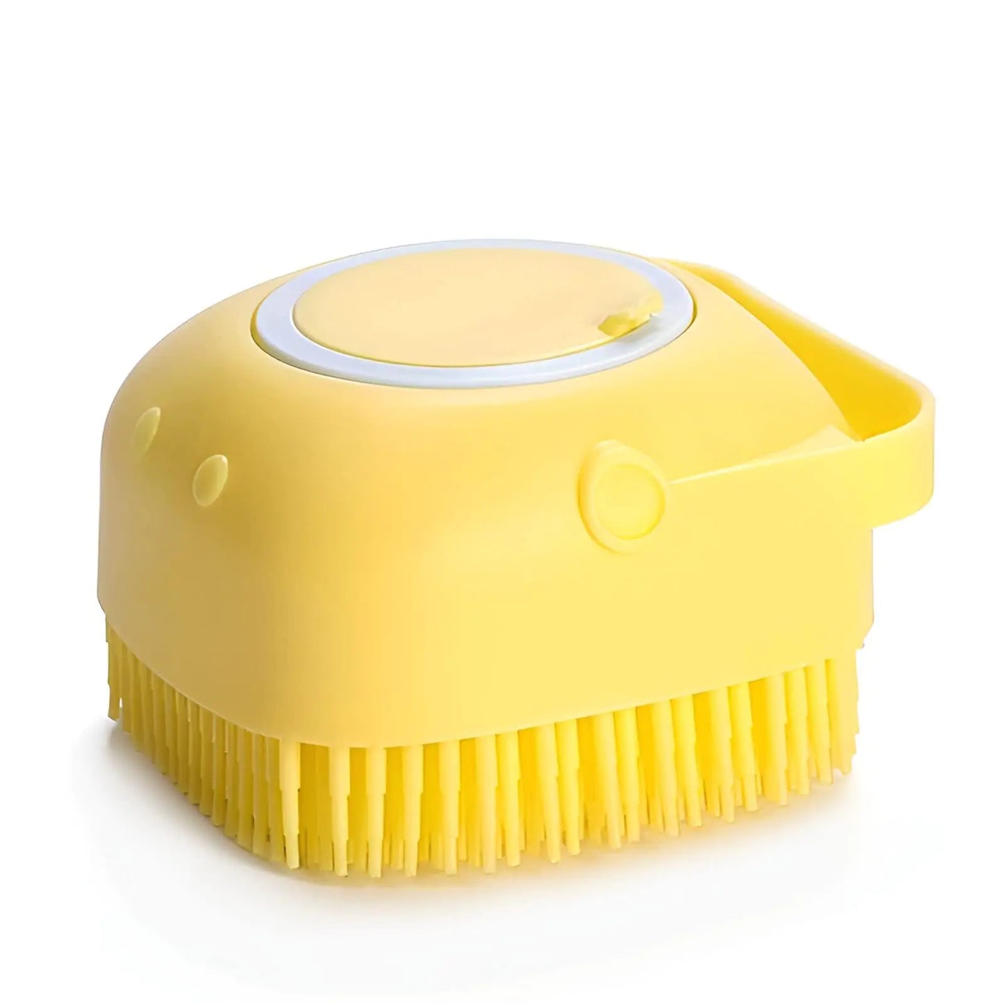 Yellow grooming brush with bristles on a white background