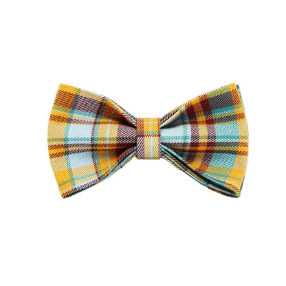Plaid bow tie with a colorful pattern on a white background