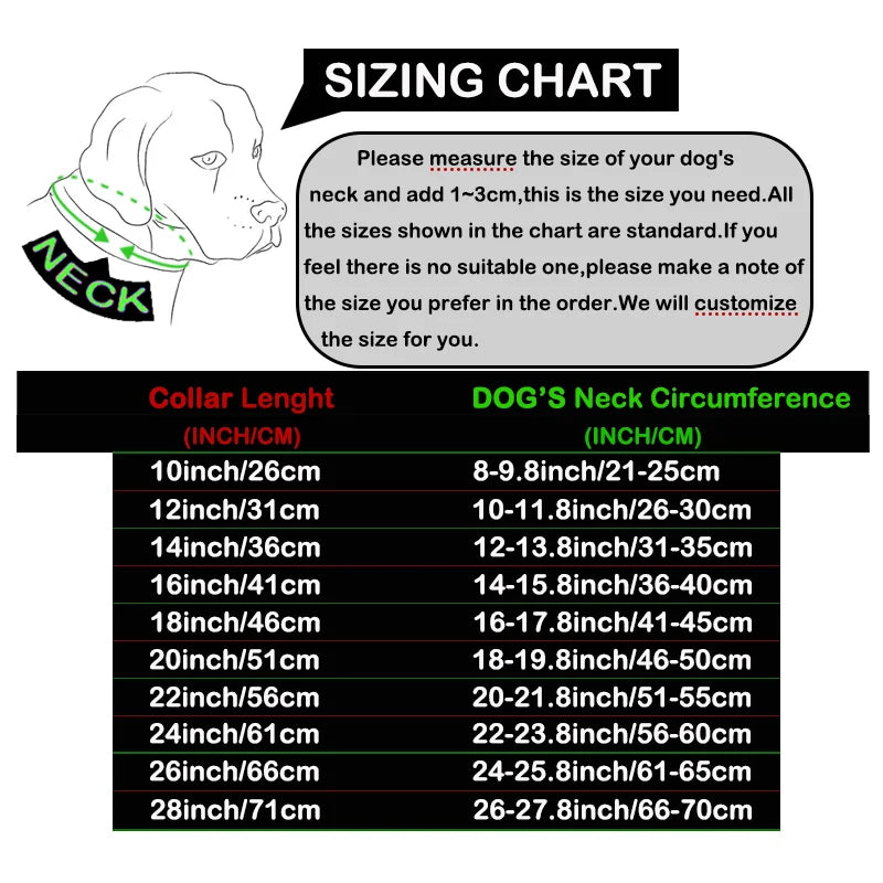 Sizing chart for dog collars with measurements and a diagram of a dog wearing a collar.