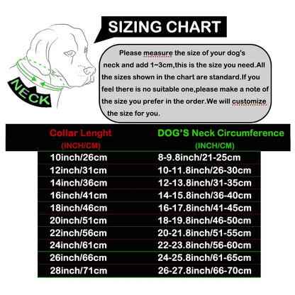 Sizing chart for dog collars with measurements and a diagram of a dog wearing a collar.