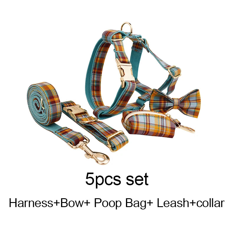 Pet accessory set with harness, bow, poop bag, leash, and collar on a white background