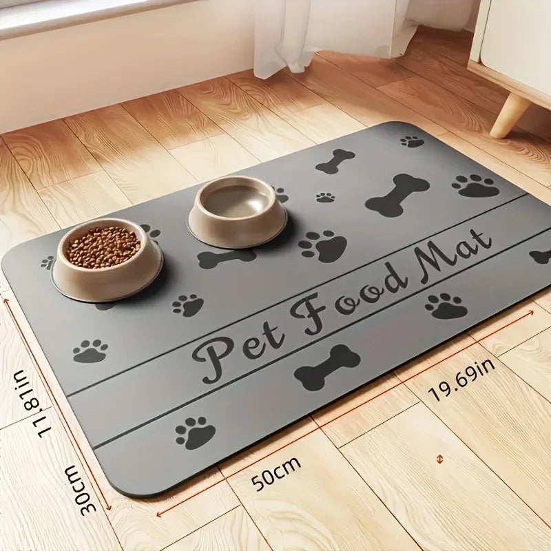 Pet food mat with bowls on a wooden floor, showing measurements.