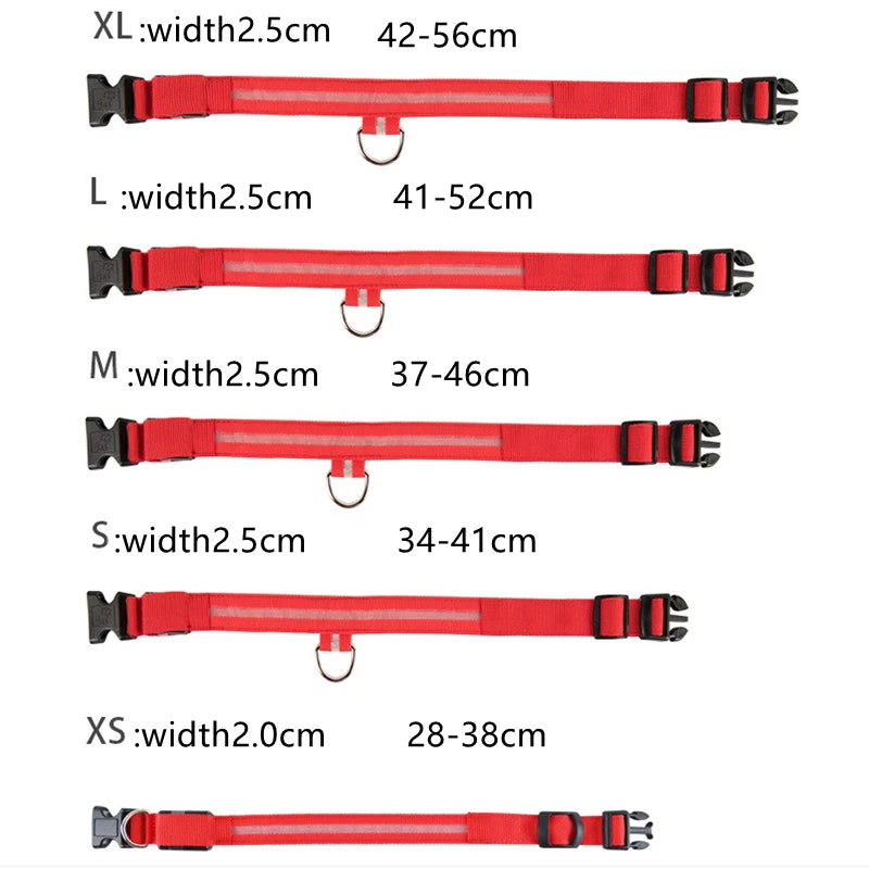 Red dog collars of different sizes with measurement labels on a white background