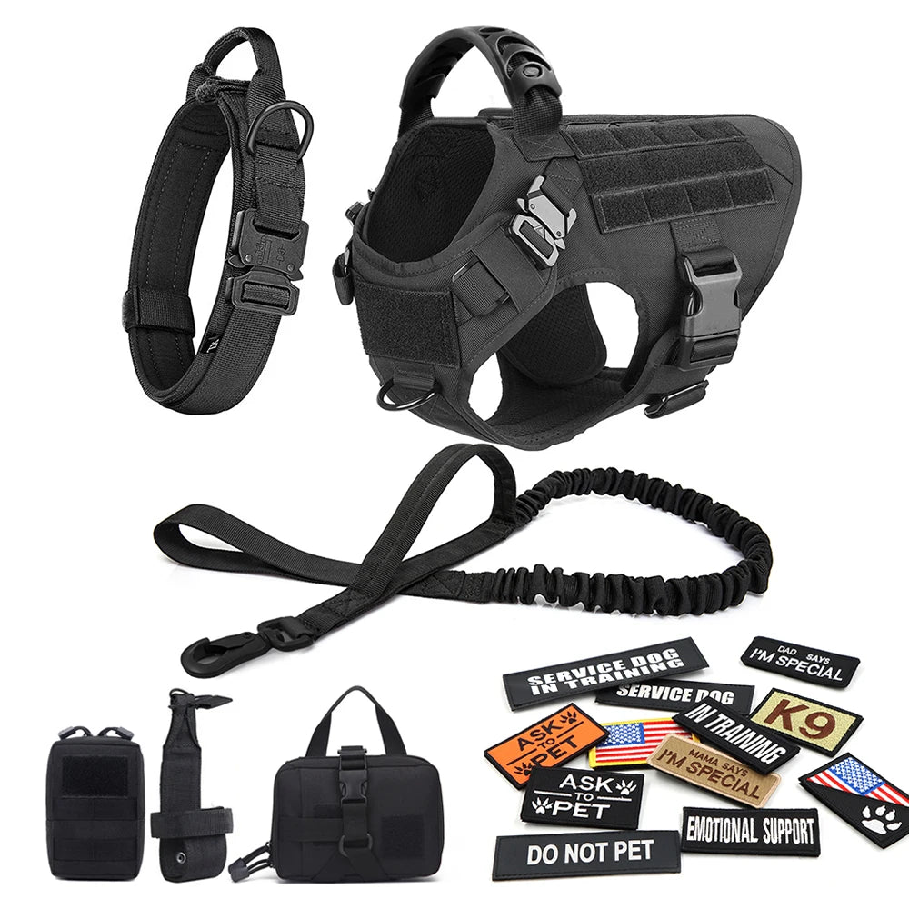 Black tactical dog harness, leash, and accessories on a white background