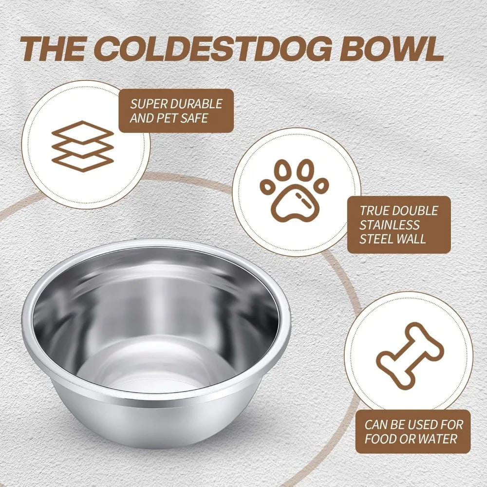 Stainless steel dog bowl with durability and safety features on a light gray background