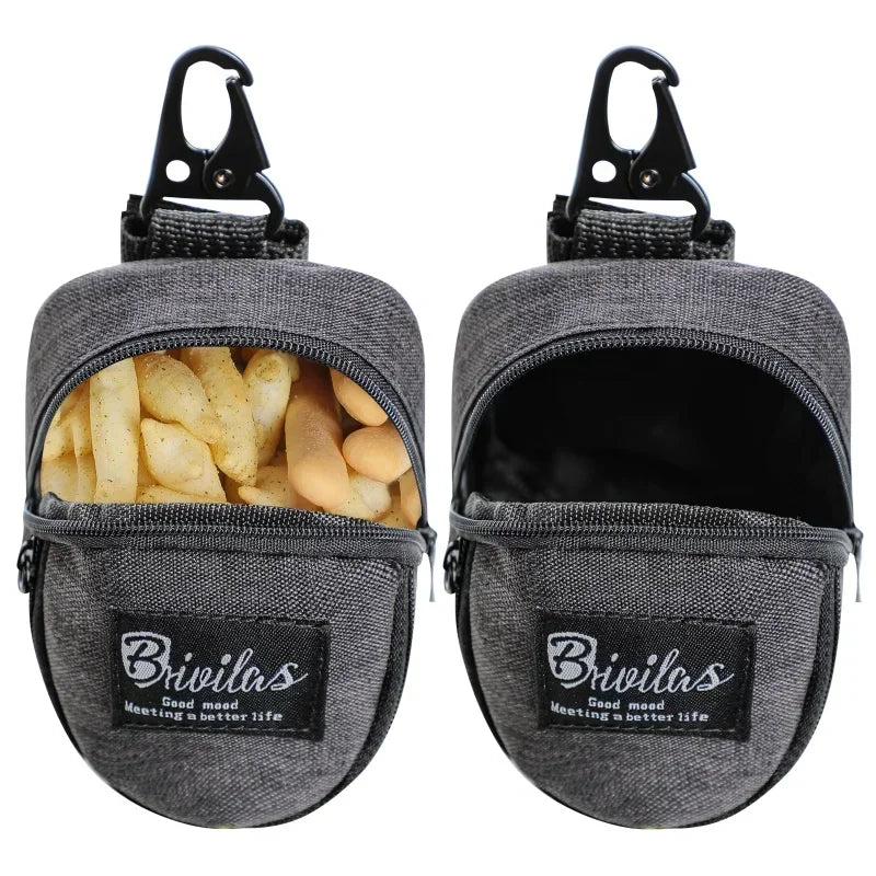 Two gray pouches with carabiners, one open showing snacks and the other closed, on a white background. Bivelas brand visible.