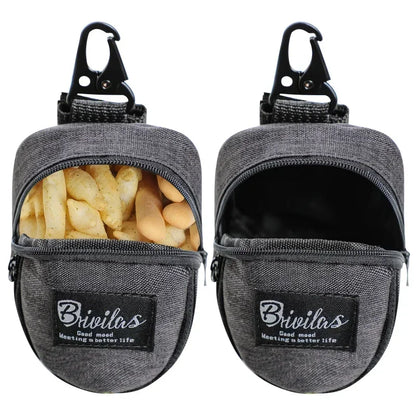 Two gray pouches with carabiners, one open showing snacks and the other closed, on a white background. Bivelas brand visible.