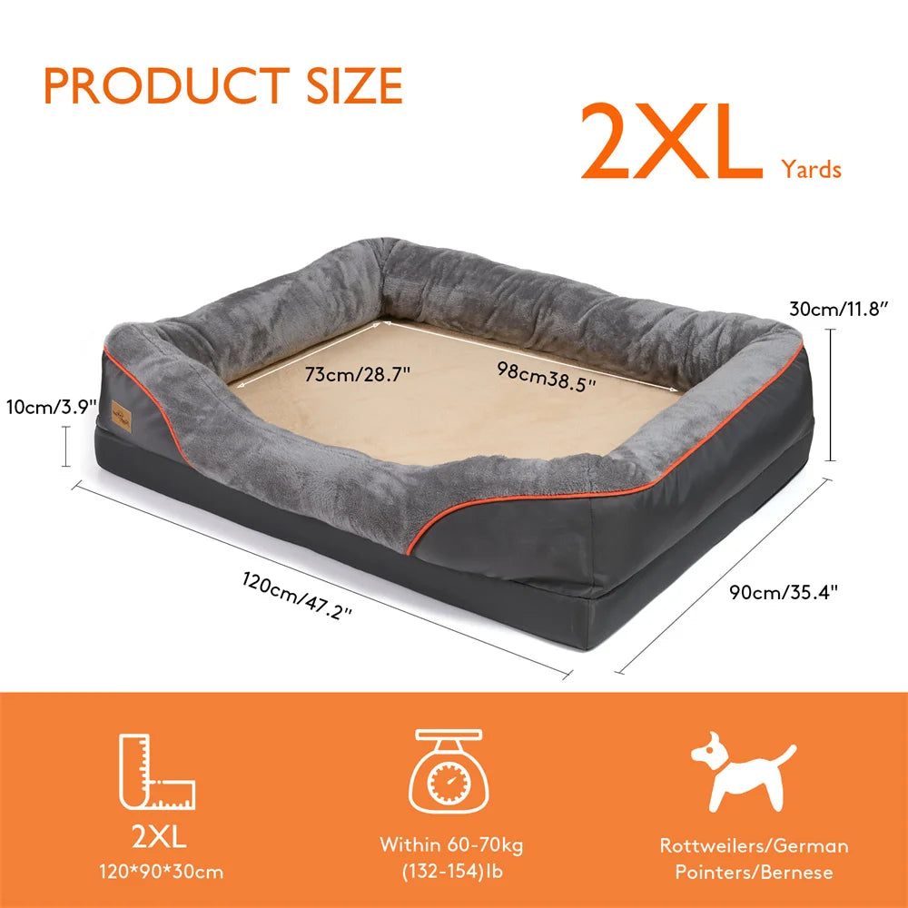 Gray pet bed with dimensions and product size label on a white background