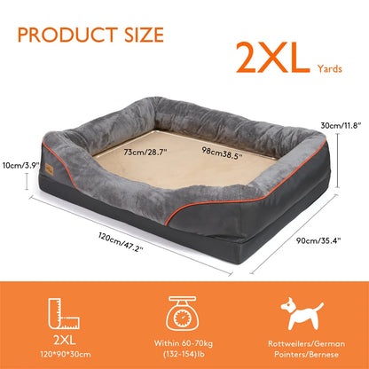 Gray pet bed with dimensions and product size label on a white background