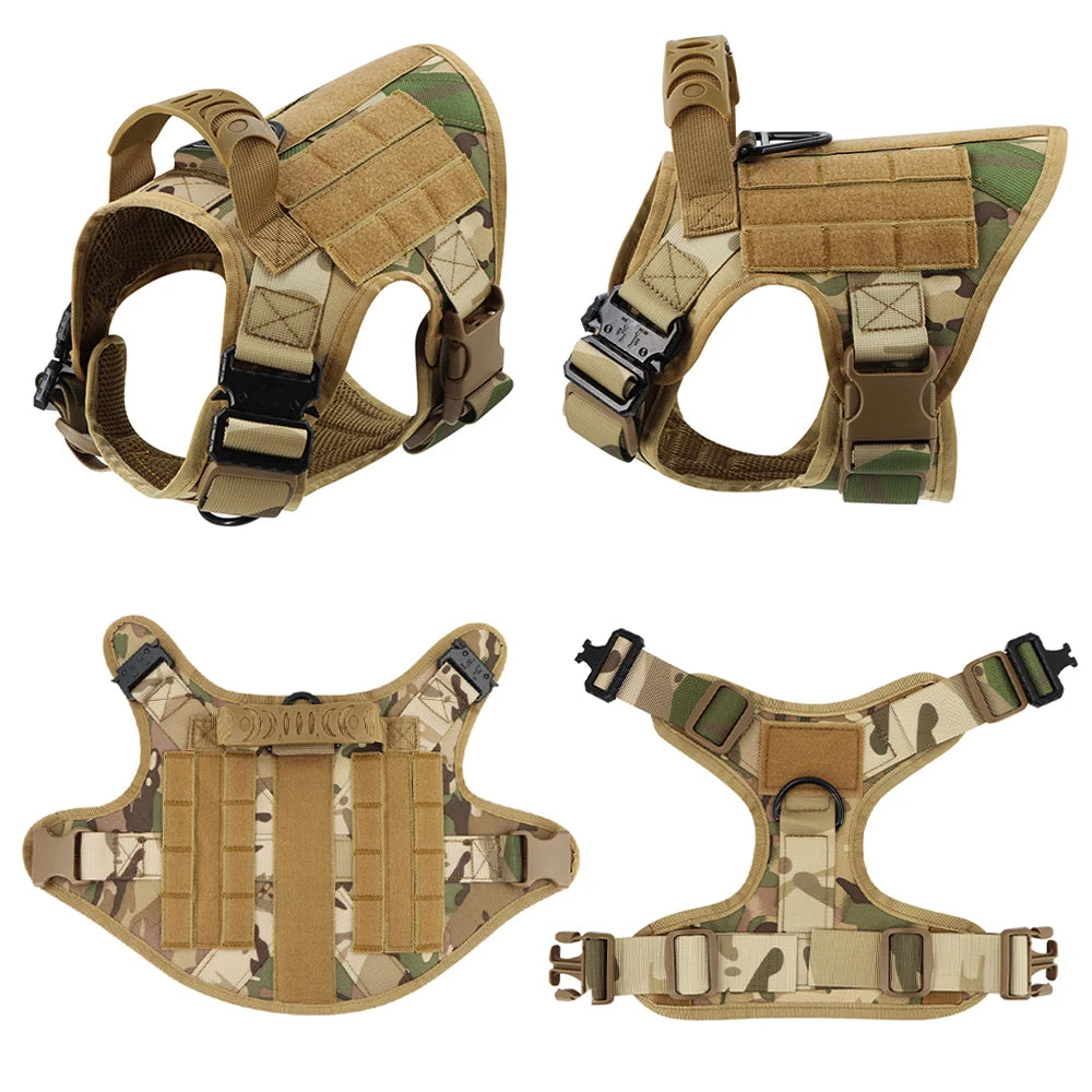 Four views of a tactical dog harness with camouflage pattern on a white background