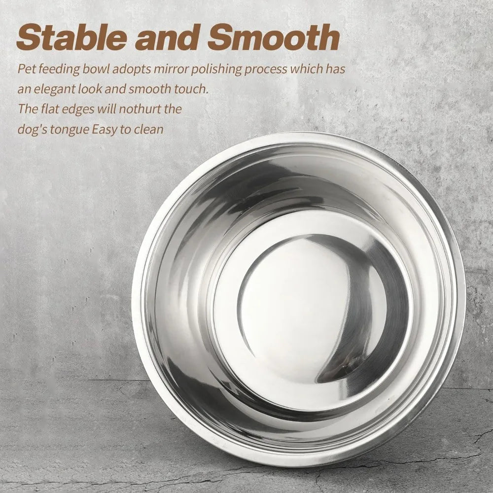 Stainless steel pet feeding bowl on a gray background with text about its features.