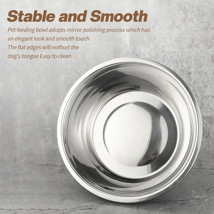 Stainless steel pet feeding bowl on a gray background with text about its features.