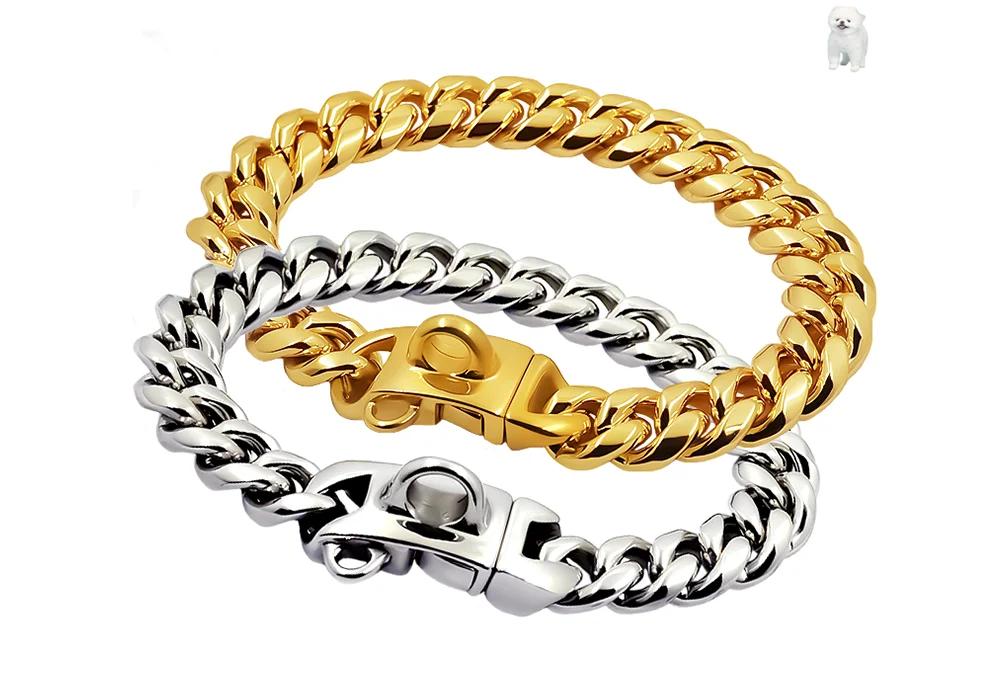 Two chain bracelets, one gold and one silver, on a white background.