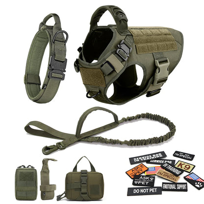 Dog tactical harness, leash, and accessories on a white background