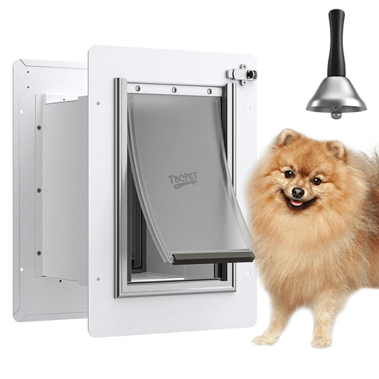 A Pomeranian dog stands beside a pet door and a small bell, designed for pet access and convenience.