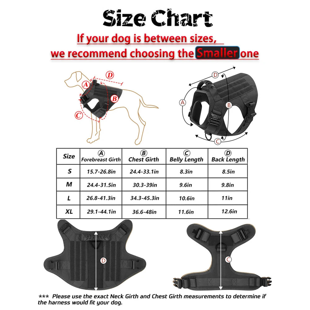 Dog harness size chart with measurements and recommendations on a white background