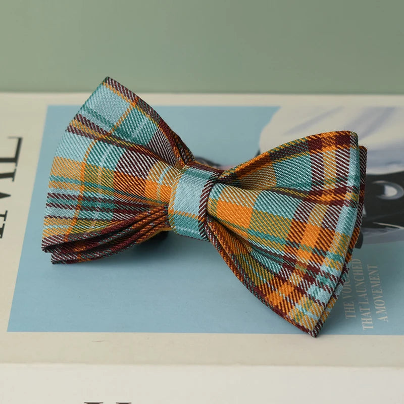 Plaid bow tie on a magazine with visible text